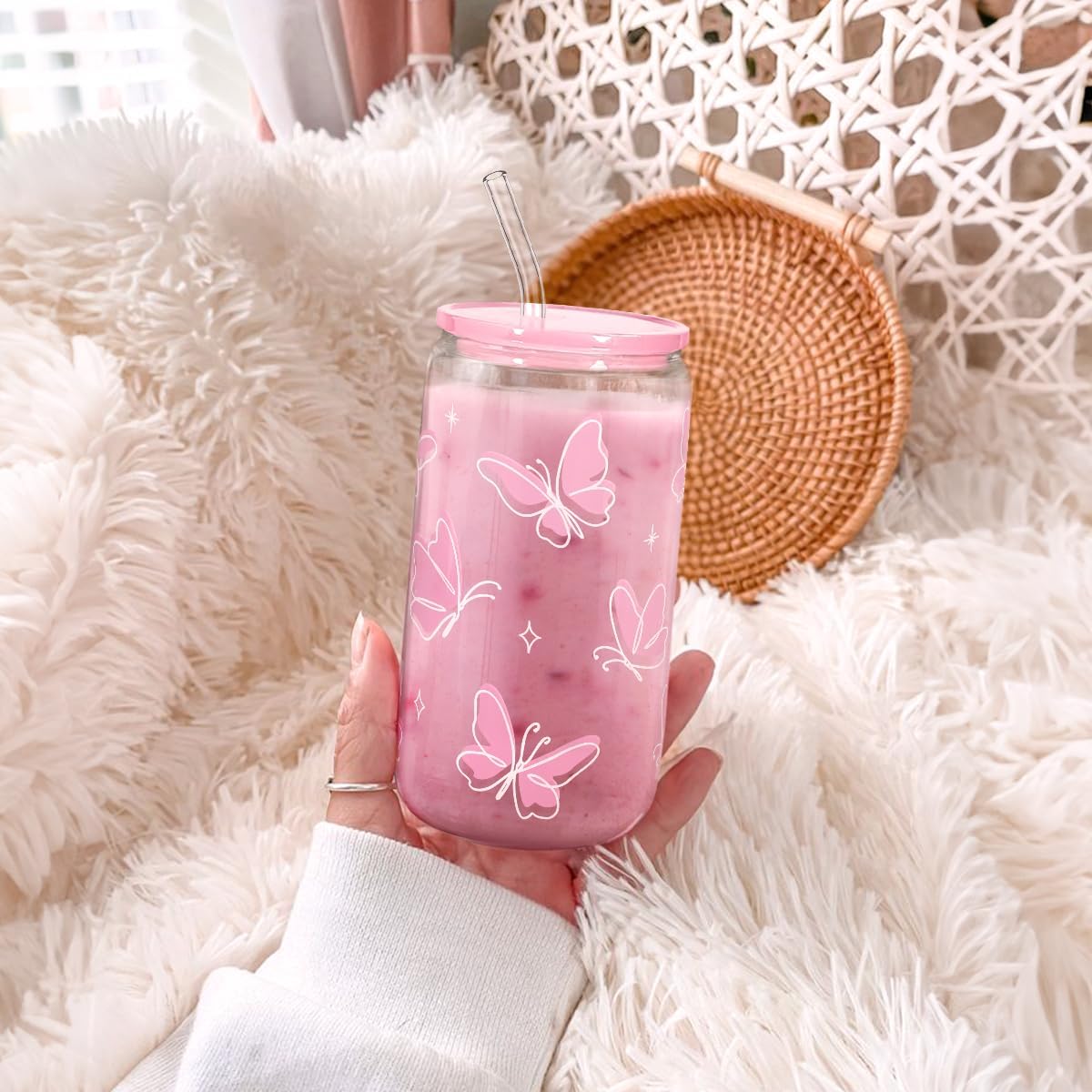 Christian 16oz Can Glass Tumbler with Acrylic Lid & Straw, Iced Coffee Cup for Women Girls, Aesthetic Cups Gifts for Birthday Christmas