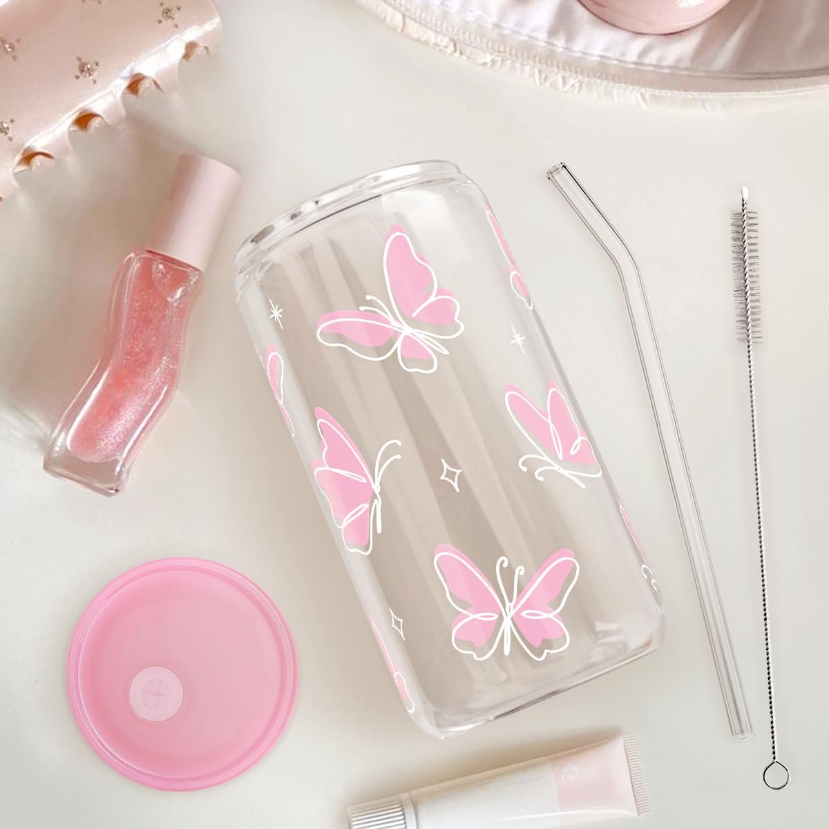 Christian 16oz Can Glass Tumbler with Acrylic Lid & Straw, Iced Coffee Cup for Women Girls, Aesthetic Cups Gifts for Birthday Christmas