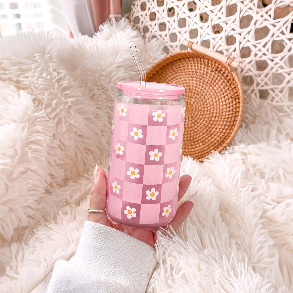 Christian 16oz Can Glass Tumbler with Acrylic Lid & Straw, Iced Coffee Cup for Women Girls, Aesthetic Cups Gifts for Birthday Christmas