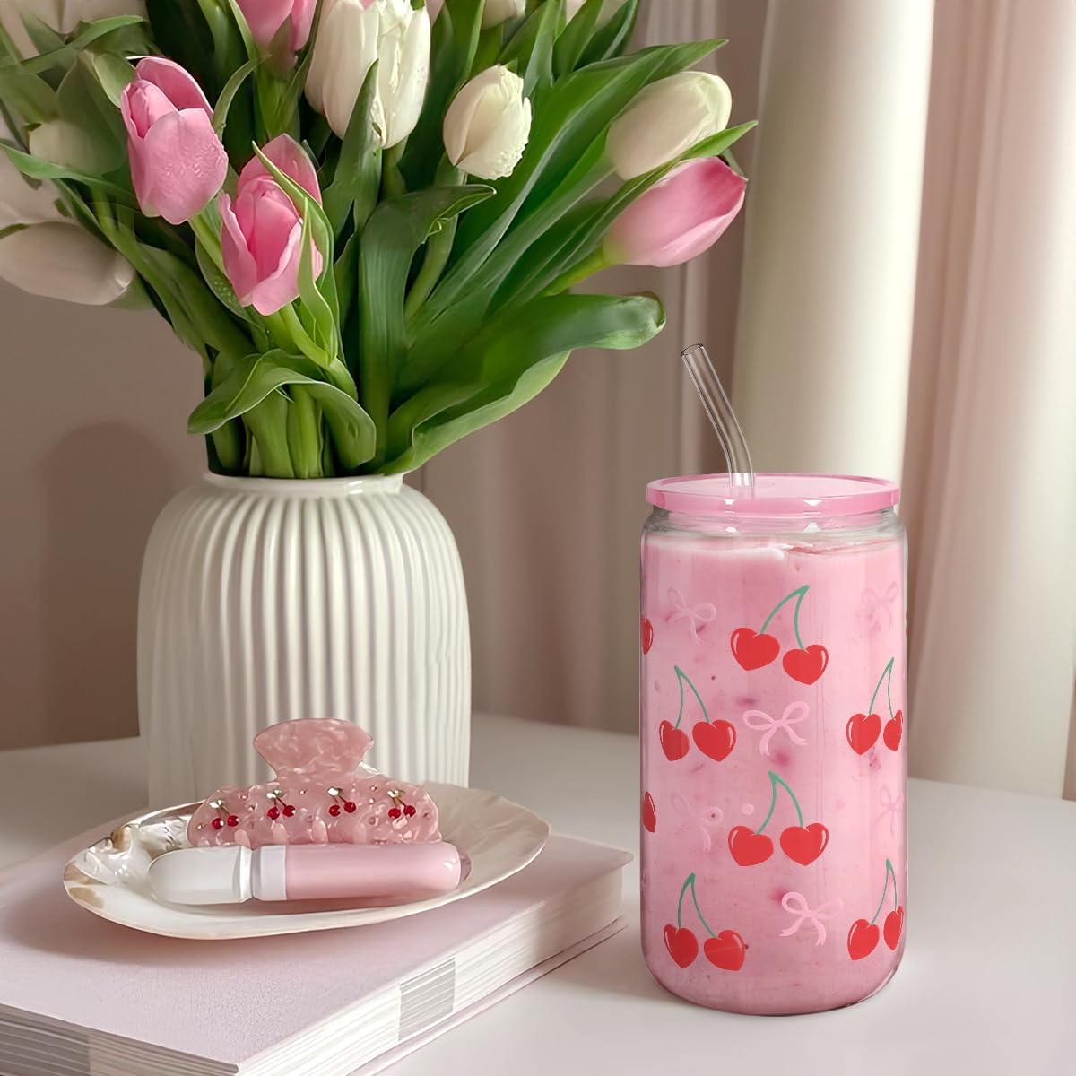 Christian 16oz Can Glass Tumbler with Acrylic Lid & Straw, Iced Coffee Cup for Women Girls, Aesthetic Cups Gifts for Birthday Christmas