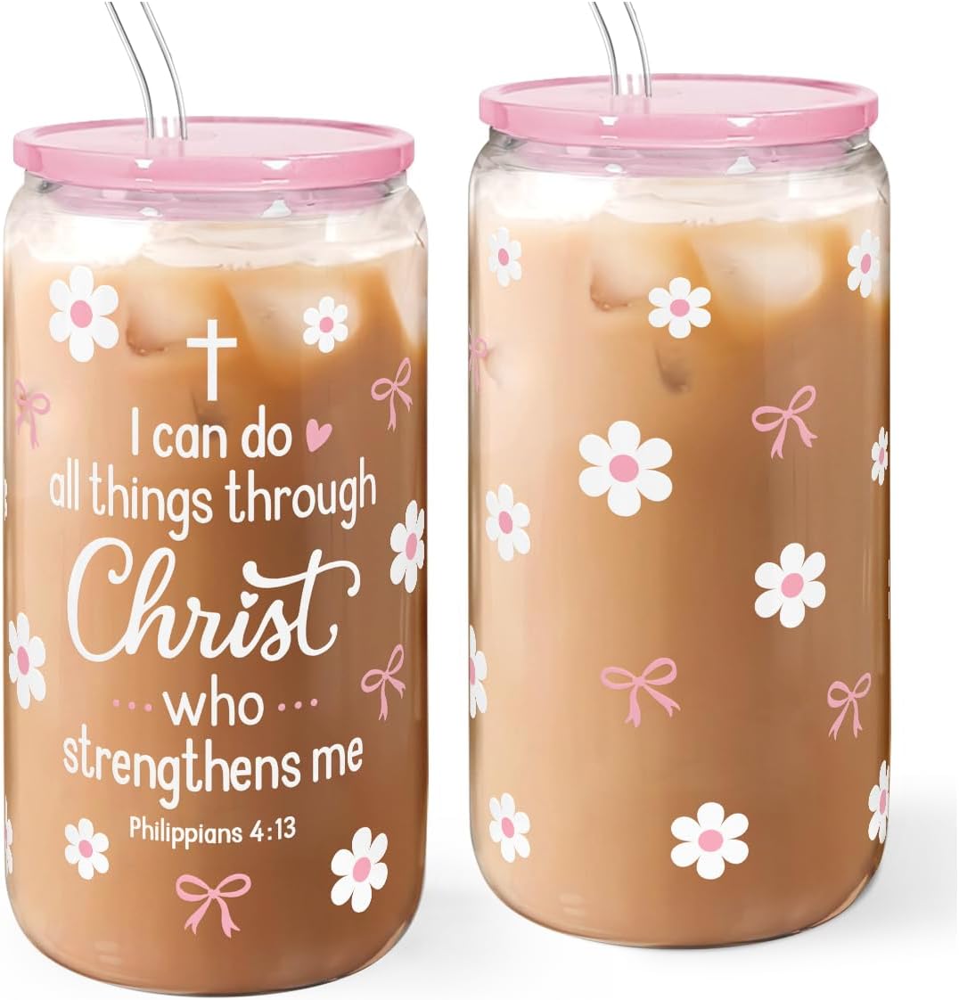 Christian 16oz Can Glass Tumbler with Acrylic Lid & Straw, Iced Coffee Cup for Women Girls, Aesthetic Cups Gifts for Birthday Christmas
