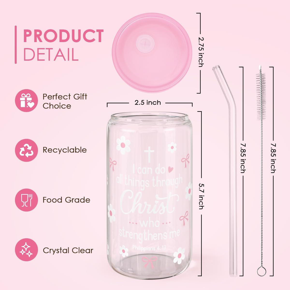 Christian 16oz Can Glass Tumbler with Acrylic Lid & Straw, Iced Coffee Cup for Women Girls, Aesthetic Cups Gifts for Birthday Christmas