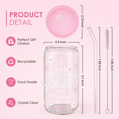 Christian 16oz Can Glass Tumbler with Acrylic Lid & Straw, Iced Coffee Cup for Women Girls, Aesthetic Cups Gifts for Birthday Christmas