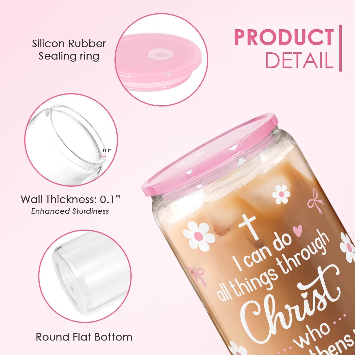 Christian 16oz Can Glass Tumbler with Acrylic Lid & Straw, Iced Coffee Cup for Women Girls, Aesthetic Cups Gifts for Birthday Christmas