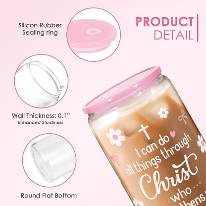 Christian 16oz Can Glass Tumbler with Acrylic Lid & Straw, Iced Coffee Cup for Women Girls, Aesthetic Cups Gifts for Birthday Christmas