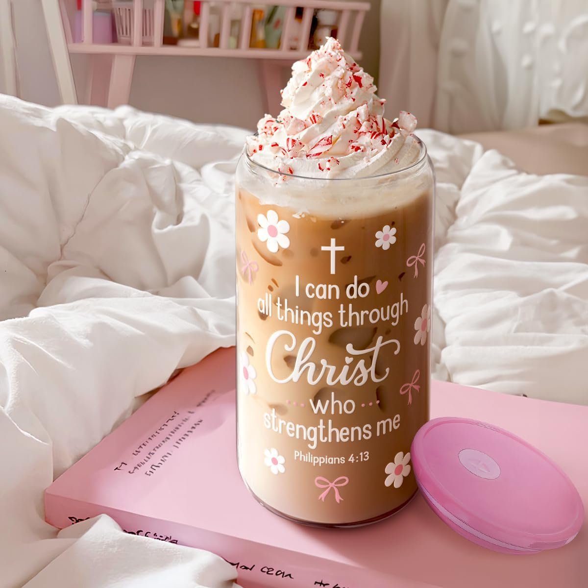 Christian 16oz Can Glass Tumbler with Acrylic Lid & Straw, Iced Coffee Cup for Women Girls, Aesthetic Cups Gifts for Birthday Christmas