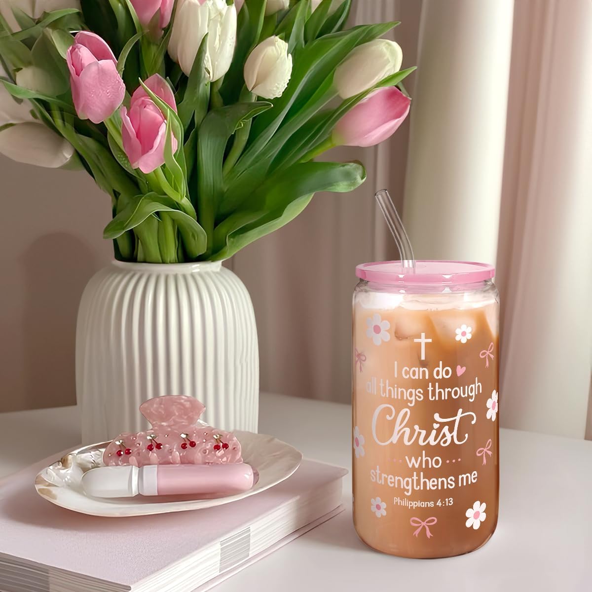 Christian 16oz Can Glass Tumbler with Acrylic Lid & Straw, Iced Coffee Cup for Women Girls, Aesthetic Cups Gifts for Birthday Christmas