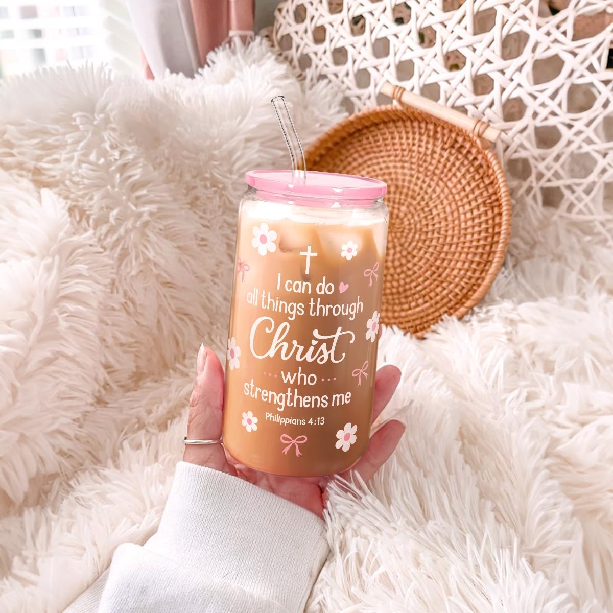Christian 16oz Can Glass Tumbler with Acrylic Lid & Straw, Iced Coffee Cup for Women Girls, Aesthetic Cups Gifts for Birthday Christmas