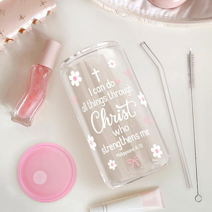 Christian 16oz Can Glass Tumbler with Acrylic Lid & Straw, Iced Coffee Cup for Women Girls, Aesthetic Cups Gifts for Birthday Christmas
