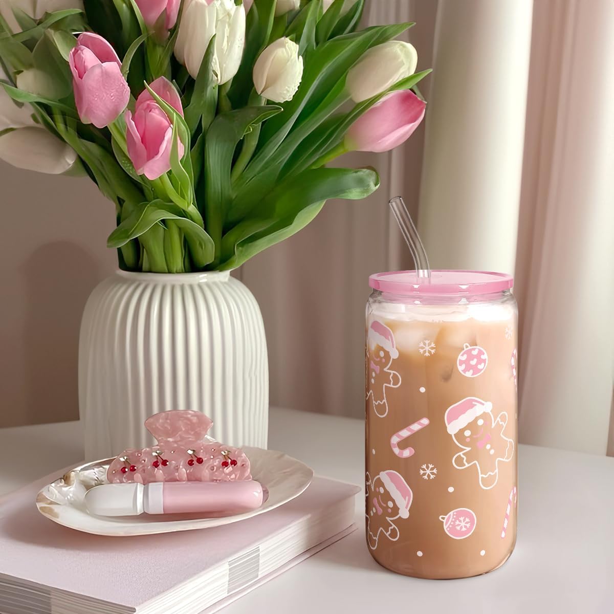 Christian 16oz Can Glass Tumbler with Acrylic Lid & Straw, Iced Coffee Cup for Women Girls, Aesthetic Cups Gifts for Birthday Christmas