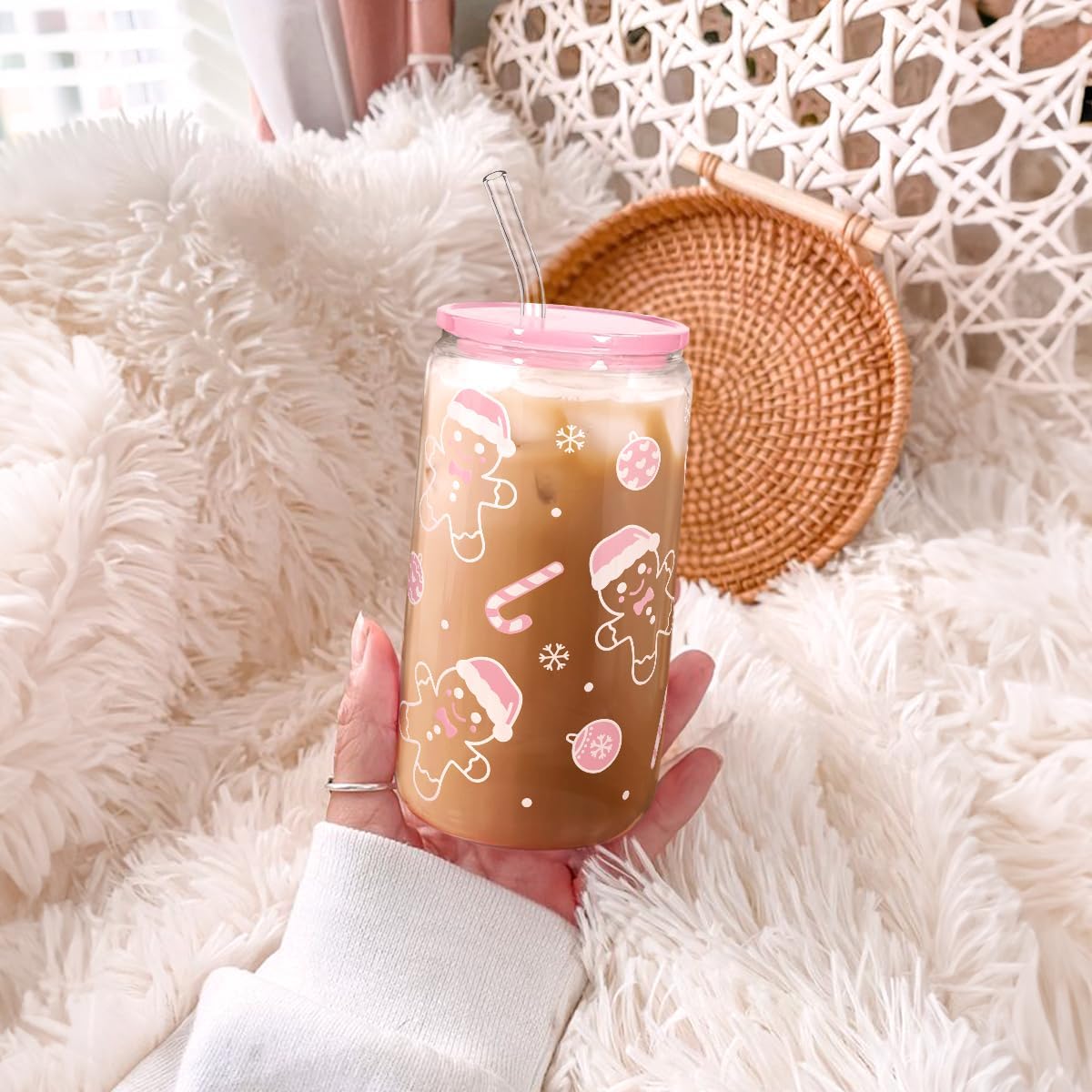 Christian 16oz Can Glass Tumbler with Acrylic Lid & Straw, Iced Coffee Cup for Women Girls, Aesthetic Cups Gifts for Birthday Christmas