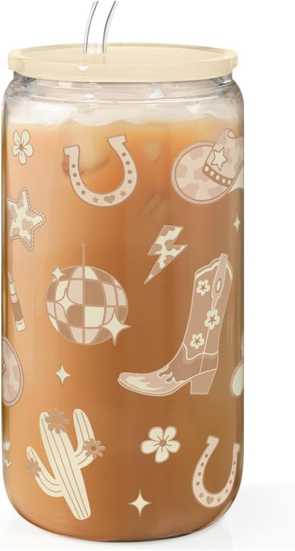 Christian 16oz Can Glass Tumbler with Acrylic Lid & Straw, Iced Coffee Cup for Women Girls, Aesthetic Cups Gifts for Birthday Christmas