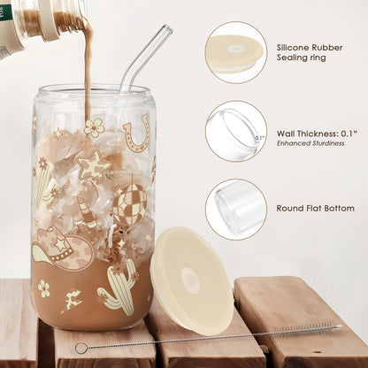 Christian 16oz Can Glass Tumbler with Acrylic Lid & Straw, Iced Coffee Cup for Women Girls, Aesthetic Cups Gifts for Birthday Christmas