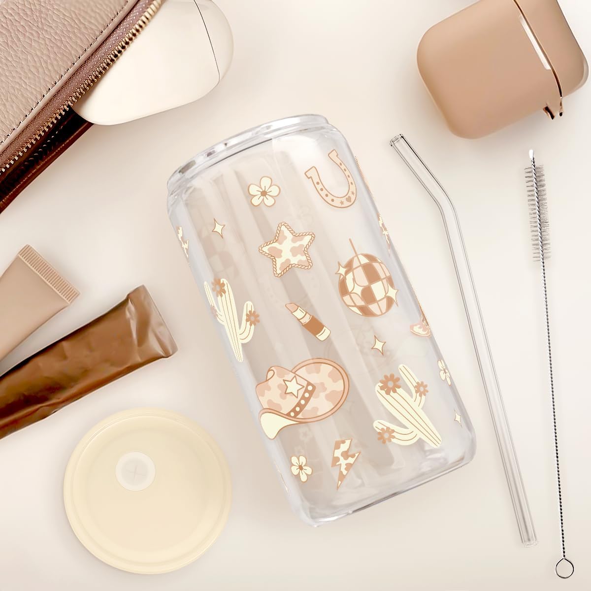 Christian 16oz Can Glass Tumbler with Acrylic Lid & Straw, Iced Coffee Cup for Women Girls, Aesthetic Cups Gifts for Birthday Christmas