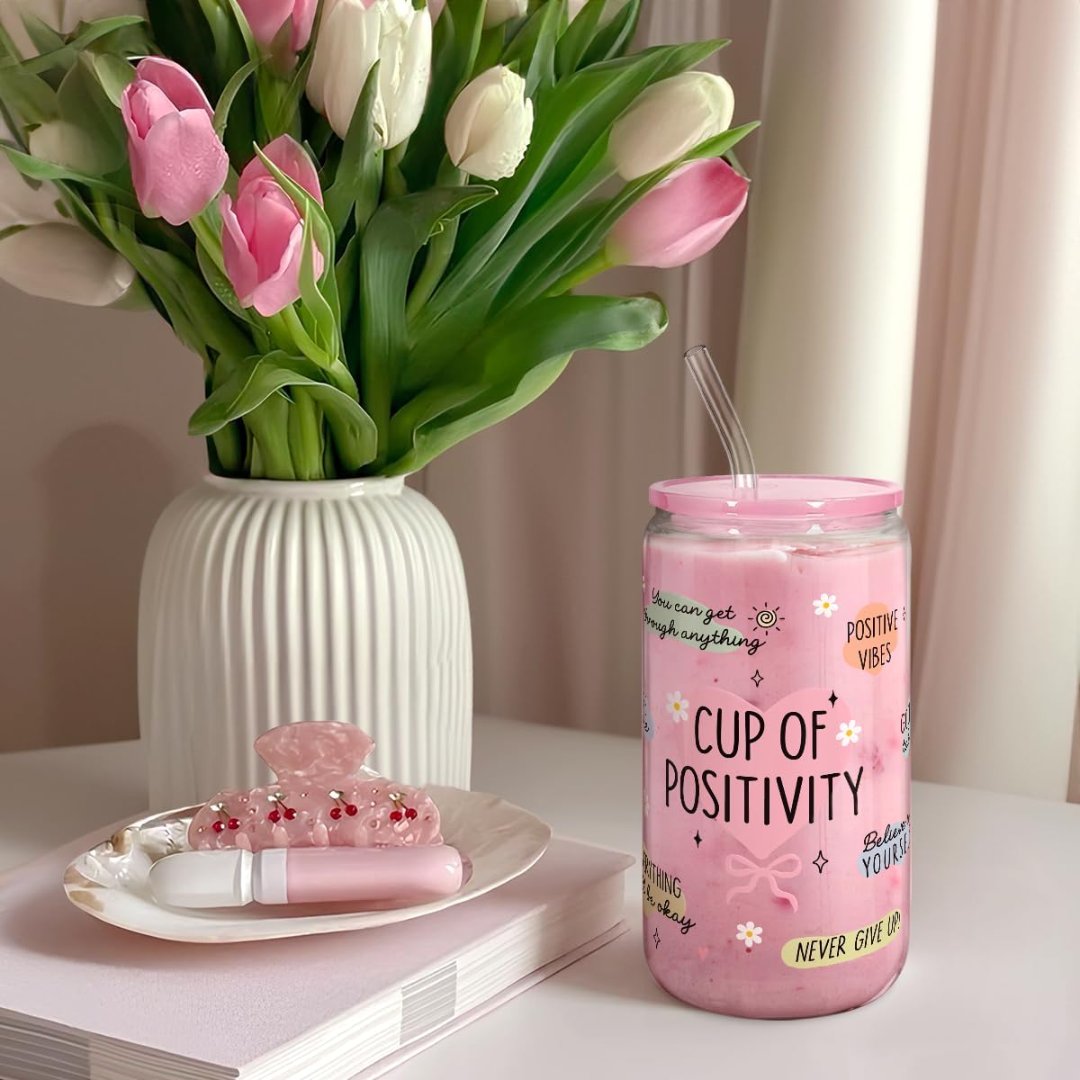 Christian 16oz Can Glass Tumbler with Acrylic Lid & Straw, Iced Coffee Cup for Women Girls, Aesthetic Cups Gifts for Birthday Christmas