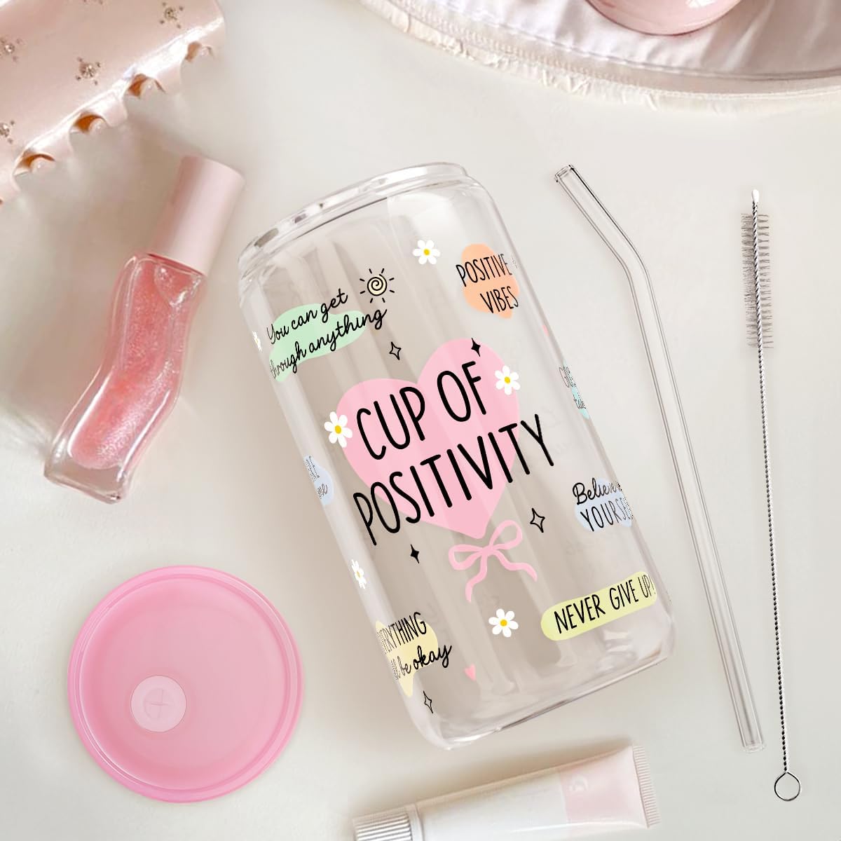 Christian 16oz Can Glass Tumbler with Acrylic Lid & Straw, Iced Coffee Cup for Women Girls, Aesthetic Cups Gifts for Birthday Christmas