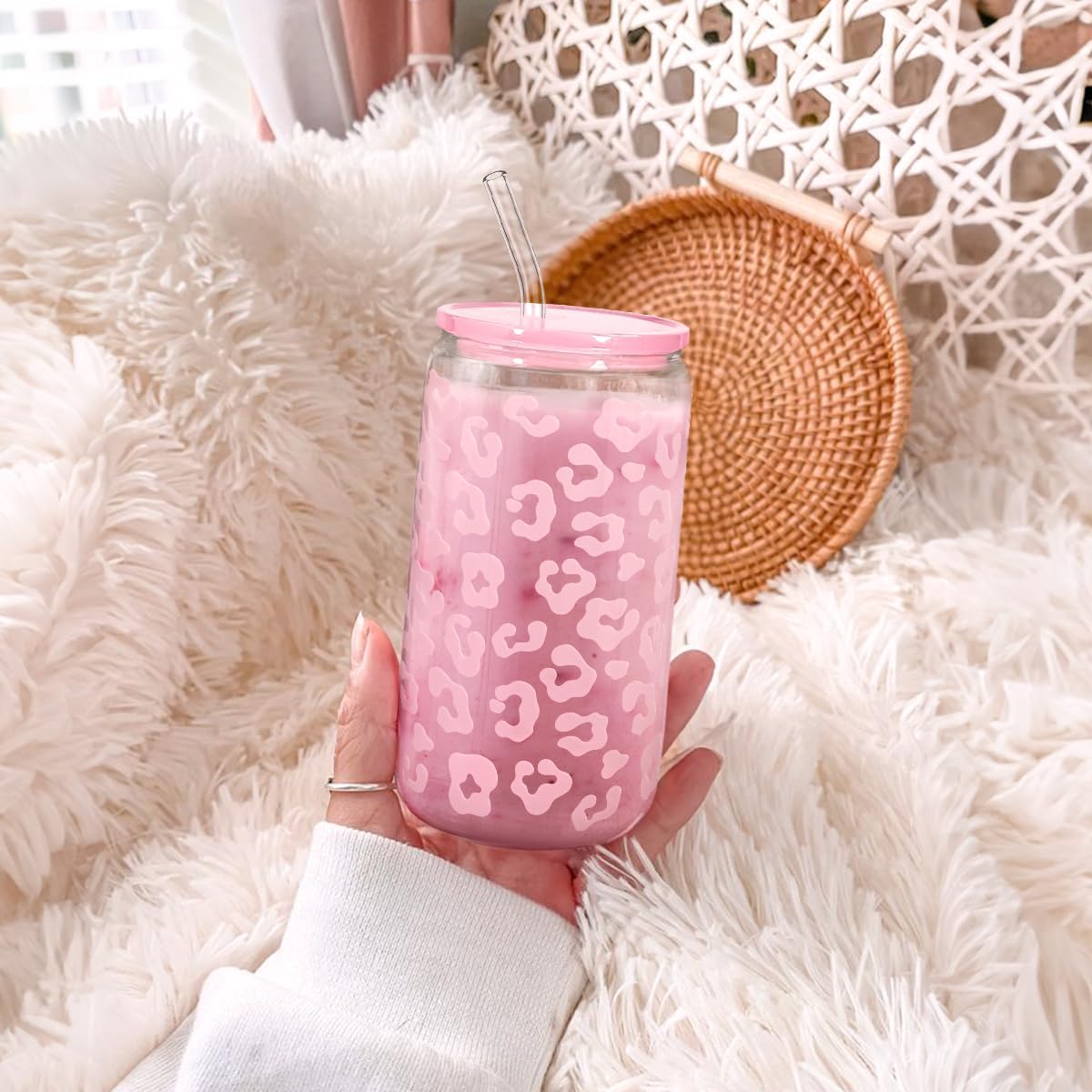 Christian 16oz Can Glass Tumbler with Acrylic Lid & Straw, Iced Coffee Cup for Women Girls, Aesthetic Cups Gifts for Birthday Christmas
