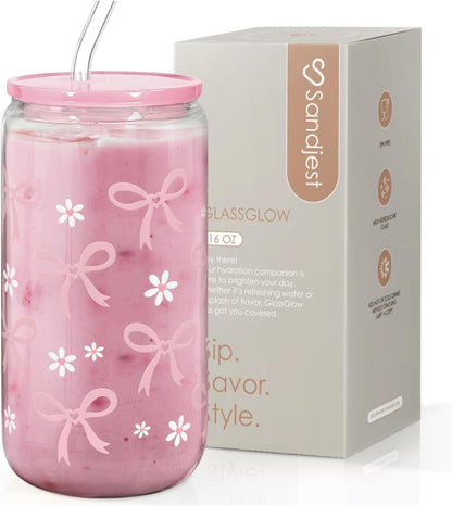 Christian 16oz Can Glass Tumbler with Acrylic Lid & Straw, Iced Coffee Cup for Women Girls, Aesthetic Cups Gifts for Birthday Christmas