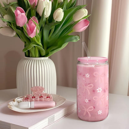 Christian 16oz Can Glass Tumbler with Acrylic Lid & Straw, Iced Coffee Cup for Women Girls, Aesthetic Cups Gifts for Birthday Christmas