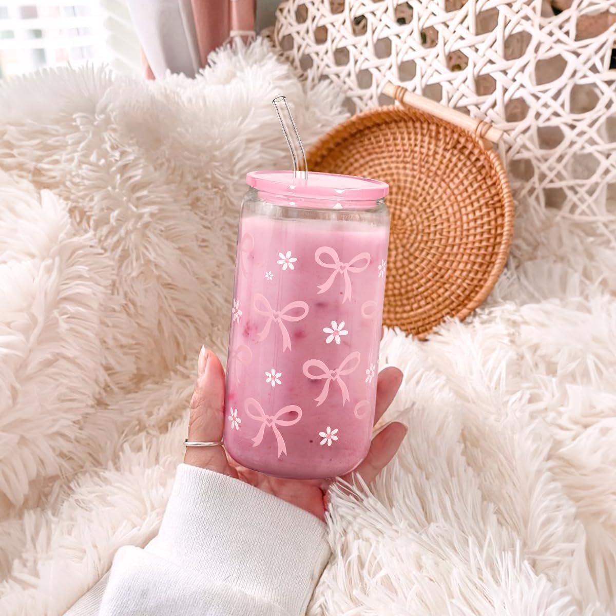 Christian 16oz Can Glass Tumbler with Acrylic Lid & Straw, Iced Coffee Cup for Women Girls, Aesthetic Cups Gifts for Birthday Christmas