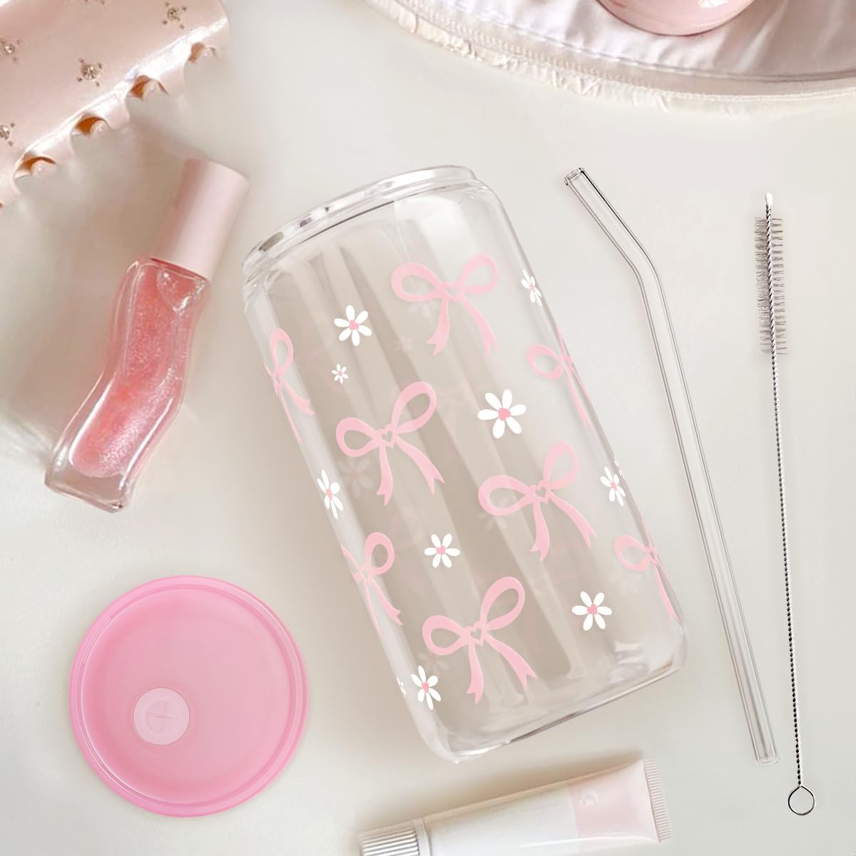 Christian 16oz Can Glass Tumbler with Acrylic Lid & Straw, Iced Coffee Cup for Women Girls, Aesthetic Cups Gifts for Birthday Christmas