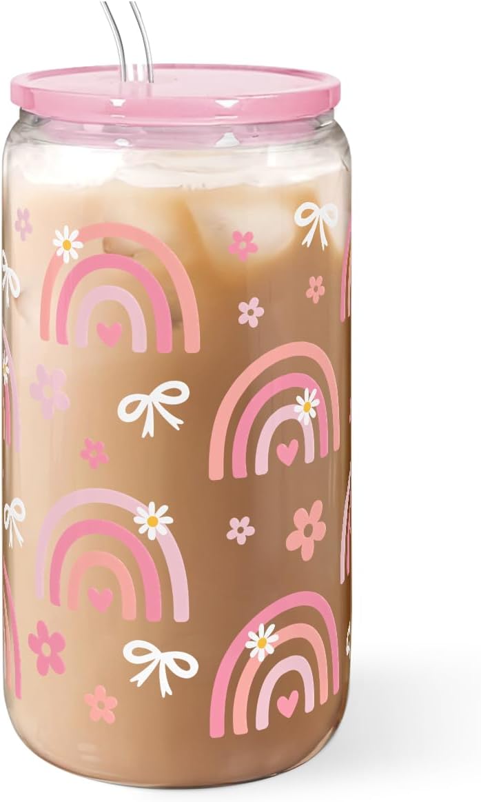 Christian 16oz Can Glass Tumbler with Acrylic Lid & Straw, Iced Coffee Cup for Women Girls, Aesthetic Cups Gifts for Birthday Christmas