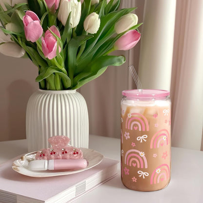 Christian 16oz Can Glass Tumbler with Acrylic Lid & Straw, Iced Coffee Cup for Women Girls, Aesthetic Cups Gifts for Birthday Christmas