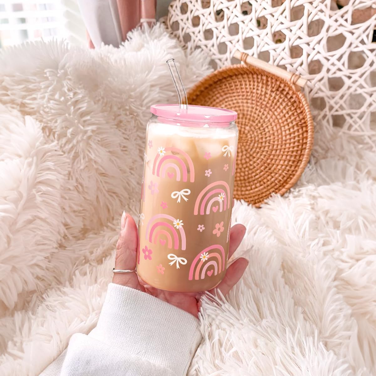Christian 16oz Can Glass Tumbler with Acrylic Lid & Straw, Iced Coffee Cup for Women Girls, Aesthetic Cups Gifts for Birthday Christmas