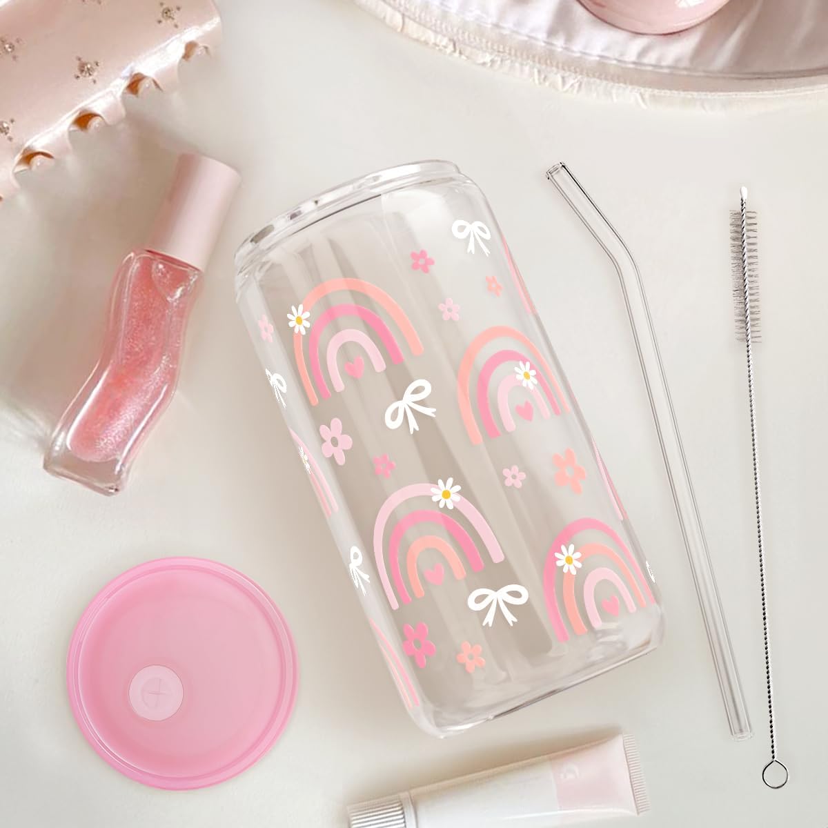 Christian 16oz Can Glass Tumbler with Acrylic Lid & Straw, Iced Coffee Cup for Women Girls, Aesthetic Cups Gifts for Birthday Christmas