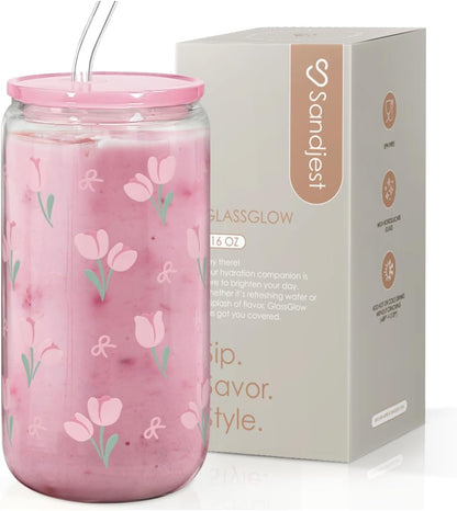 Christian 16oz Can Glass Tumbler with Acrylic Lid & Straw, Iced Coffee Cup for Women Girls, Aesthetic Cups Gifts for Birthday Christmas