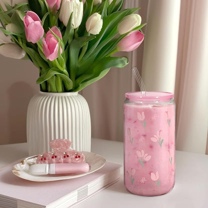 Christian 16oz Can Glass Tumbler with Acrylic Lid & Straw, Iced Coffee Cup for Women Girls, Aesthetic Cups Gifts for Birthday Christmas