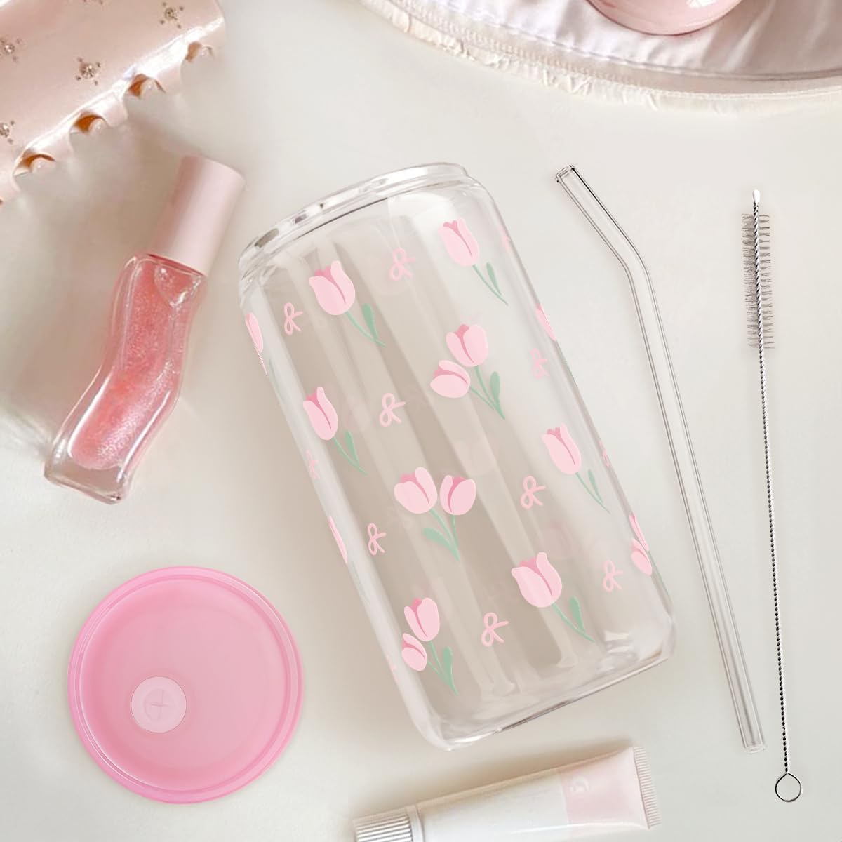 Christian 16oz Can Glass Tumbler with Acrylic Lid & Straw, Iced Coffee Cup for Women Girls, Aesthetic Cups Gifts for Birthday Christmas