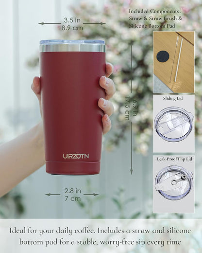 Travel Coffee Tumbler 20oz, Leakproof Travel Coffee Mug with Dual Lids and Straw, Stainless Steel Double Wall Vacuum Insulated Tumbler for Hot/Iced Drinks (Red, Textured Matte)