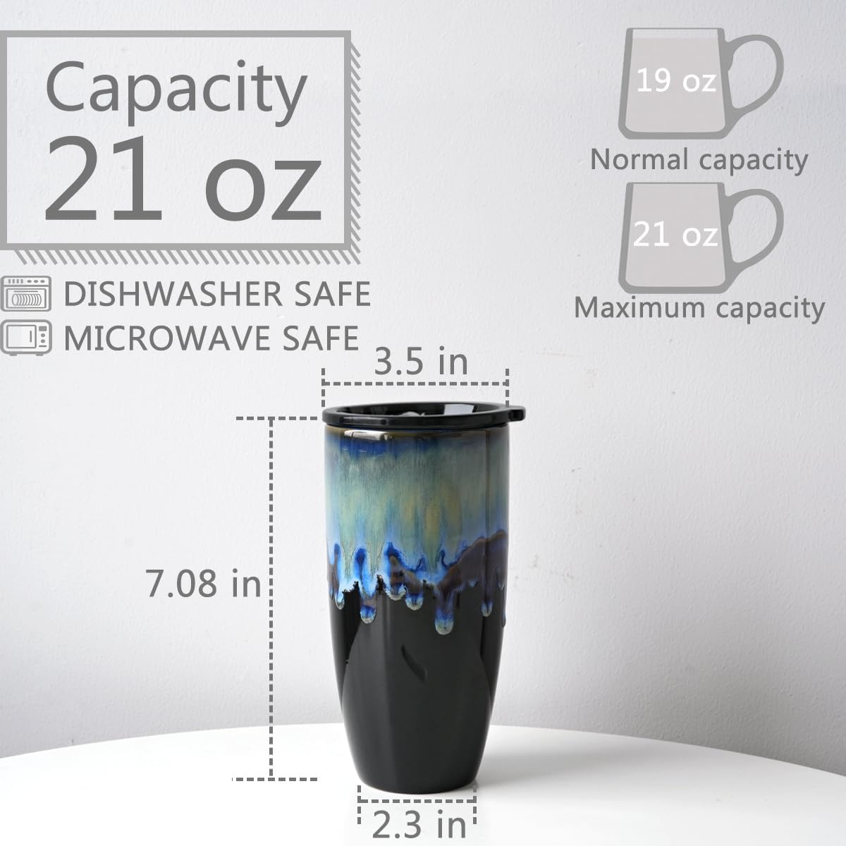 Ceramic Travel Coffee Mug with Lid, 21 oz, Portable Coffee Cup for Car Cup Holder, Microwave and Dishwasher Safe, Reactive Glaze