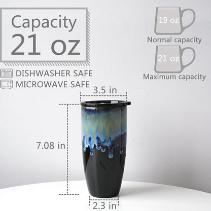 Ceramic Travel Coffee Mug with Lid, 21 oz, Portable Coffee Cup for Car Cup Holder, Microwave and Dishwasher Safe, Reactive Glaze