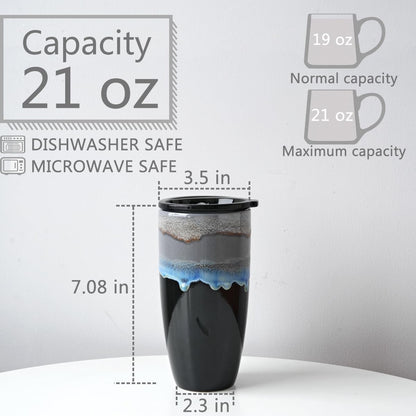 Ceramic Travel Coffee Mug with Lid, 21 oz, Portable Coffee Cup for Car Cup Holder, Microwave and Dishwasher Safe, Reactive Glaze