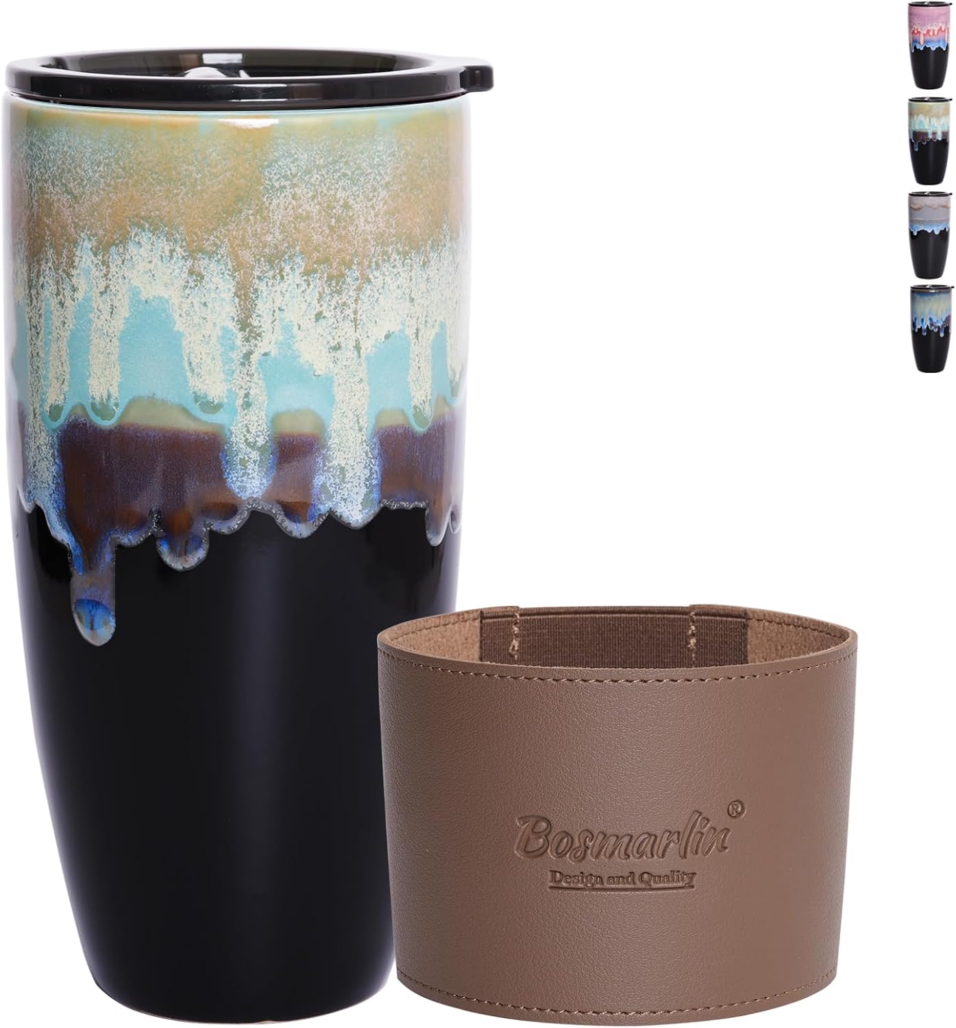 Ceramic Travel Coffee Mug with Lid, 21 oz, Portable Coffee Cup for Car Cup Holder, Microwave and Dishwasher Safe, Reactive Glaze