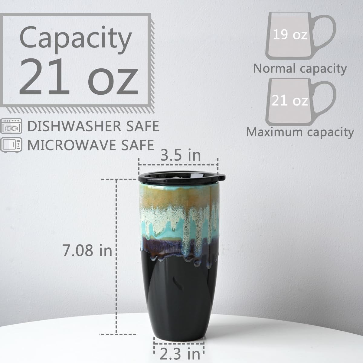 Ceramic Travel Coffee Mug with Lid, 21 oz, Portable Coffee Cup for Car Cup Holder, Microwave and Dishwasher Safe, Reactive Glaze