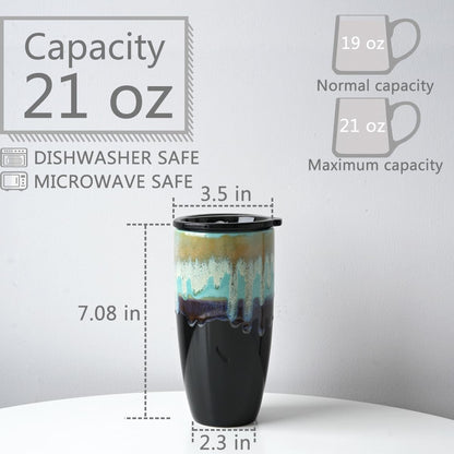 Ceramic Travel Coffee Mug with Lid, 21 oz, Portable Coffee Cup for Car Cup Holder, Microwave and Dishwasher Safe, Reactive Glaze