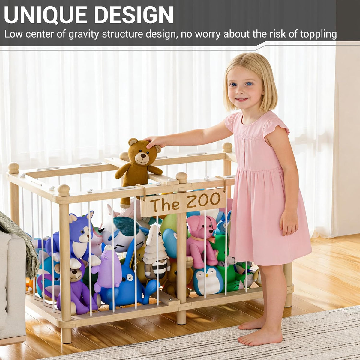 Stuffed Animal Storage Zoo, Wooden Toy Organizers and Storage, Large Capacity Kids Stuffy Organizer, Space Save Stable Plushies Holder Cage for Toddler Room, Bedroom, Playroom & Nursery