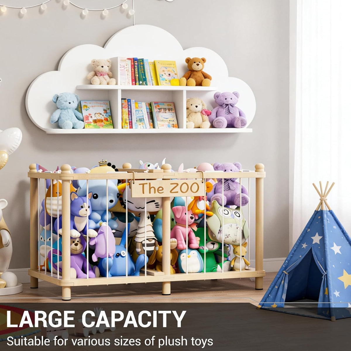 Stuffed Animal Storage Zoo, Wooden Toy Organizers and Storage, Large Capacity Kids Stuffy Organizer, Space Save Stable Plushies Holder Cage for Toddler Room, Bedroom, Playroom & Nursery