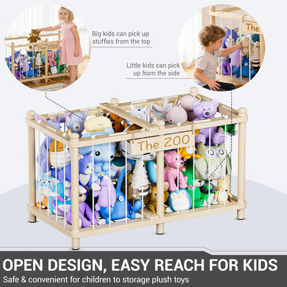 Stuffed Animal Storage Zoo, Wooden Toy Organizers and Storage, Large Capacity Kids Stuffy Organizer, Space Save Stable Plushies Holder Cage for Toddler Room, Bedroom, Playroom & Nursery