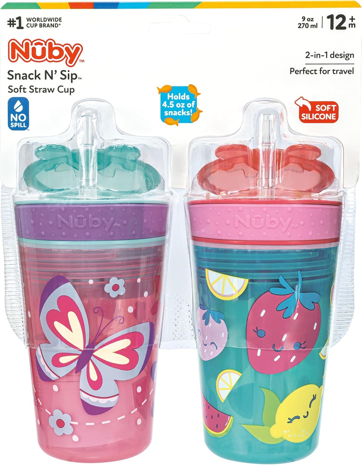 Nuby All in One Snack Bowl and No Spill Soft Straw Cup - 2 Pack Aqua Monsters & Grey Cars - Snack N' Sip, Holds: 4.5 oz Container with Lid and 9 oz/ 270 ml Straw Cup (12 Months +)