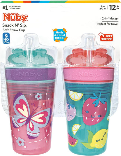 Nuby All in One Snack Bowl and No Spill Soft Straw Cup - 2 Pack Aqua Monsters & Grey Cars - Snack N' Sip, Holds: 4.5 oz Container with Lid and 9 oz/ 270 ml Straw Cup (12 Months +)