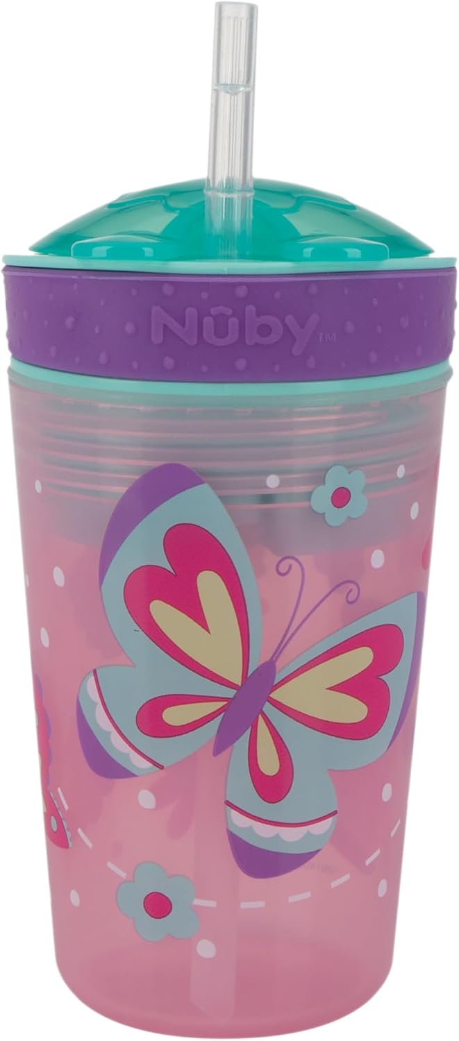 Nuby All in One Snack Bowl and No Spill Soft Straw Cup - 2 Pack Aqua Monsters & Grey Cars - Snack N' Sip, Holds: 4.5 oz Container with Lid and 9 oz/ 270 ml Straw Cup (12 Months +)