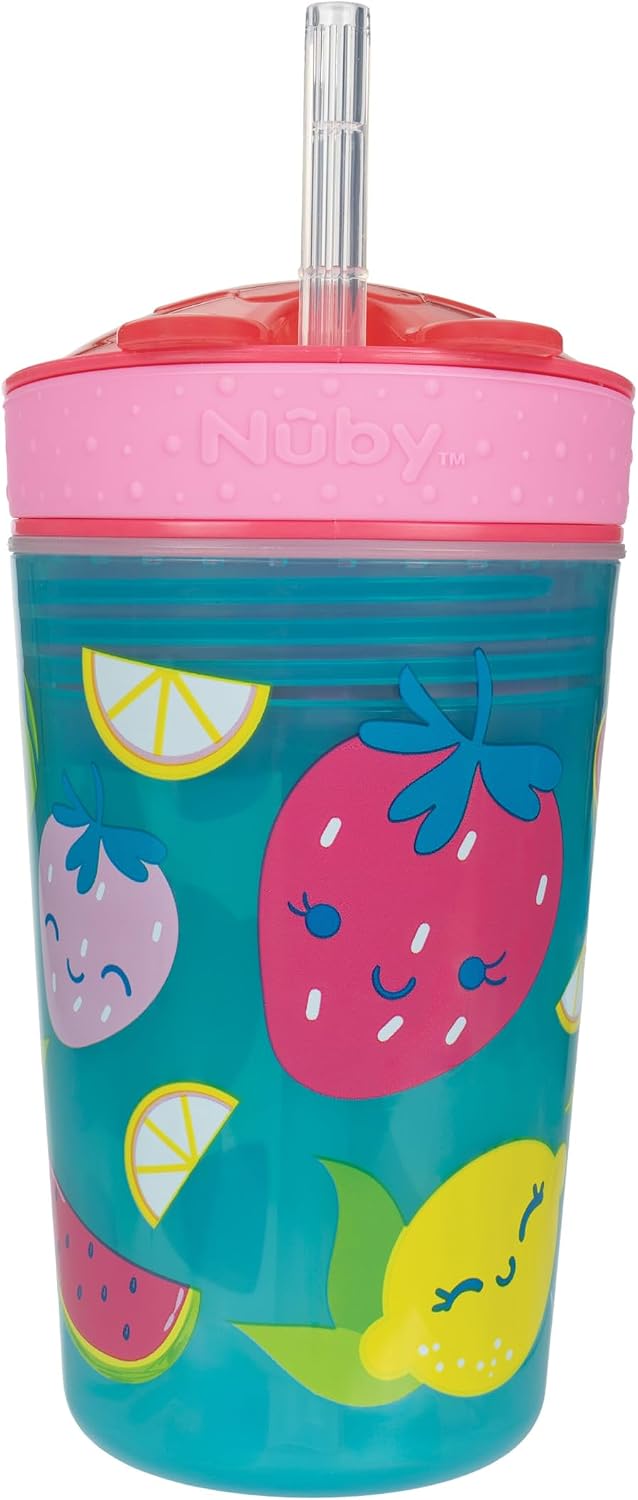 Nuby All in One Snack Bowl and No Spill Soft Straw Cup - 2 Pack Aqua Monsters & Grey Cars - Snack N' Sip, Holds: 4.5 oz Container with Lid and 9 oz/ 270 ml Straw Cup (12 Months +)
