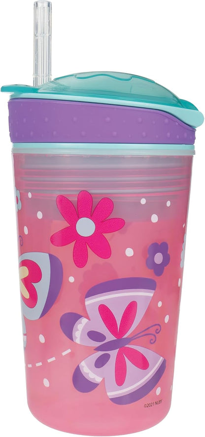 Nuby All in One Snack Bowl and No Spill Soft Straw Cup - 2 Pack Aqua Monsters & Grey Cars - Snack N' Sip, Holds: 4.5 oz Container with Lid and 9 oz/ 270 ml Straw Cup (12 Months +)