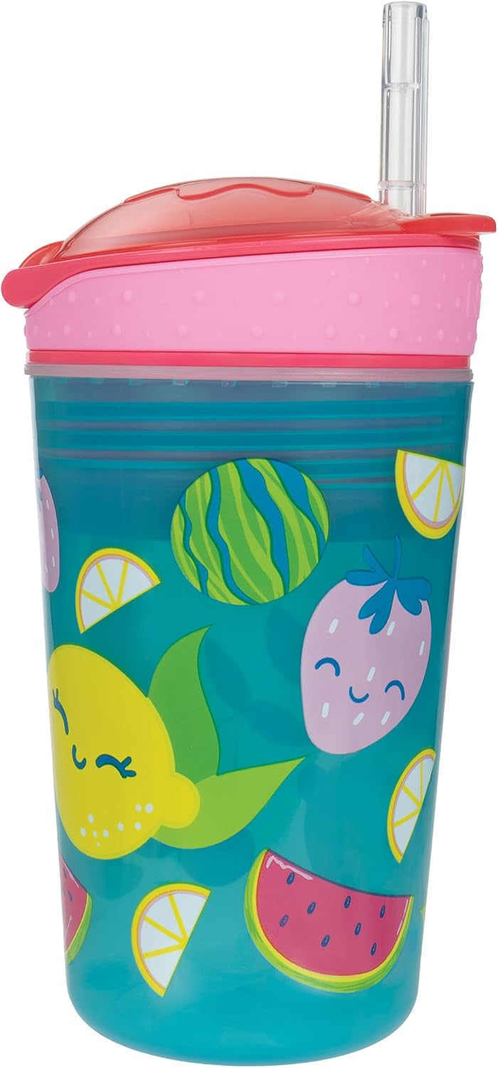 Nuby All in One Snack Bowl and No Spill Soft Straw Cup - 2 Pack Aqua Monsters & Grey Cars - Snack N' Sip, Holds: 4.5 oz Container with Lid and 9 oz/ 270 ml Straw Cup (12 Months +)