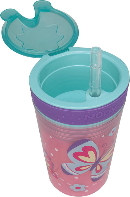 Nuby All in One Snack Bowl and No Spill Soft Straw Cup - 2 Pack Aqua Monsters & Grey Cars - Snack N' Sip, Holds: 4.5 oz Container with Lid and 9 oz/ 270 ml Straw Cup (12 Months +)