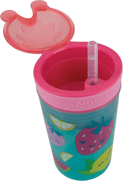 Nuby All in One Snack Bowl and No Spill Soft Straw Cup - 2 Pack Aqua Monsters & Grey Cars - Snack N' Sip, Holds: 4.5 oz Container with Lid and 9 oz/ 270 ml Straw Cup (12 Months +)